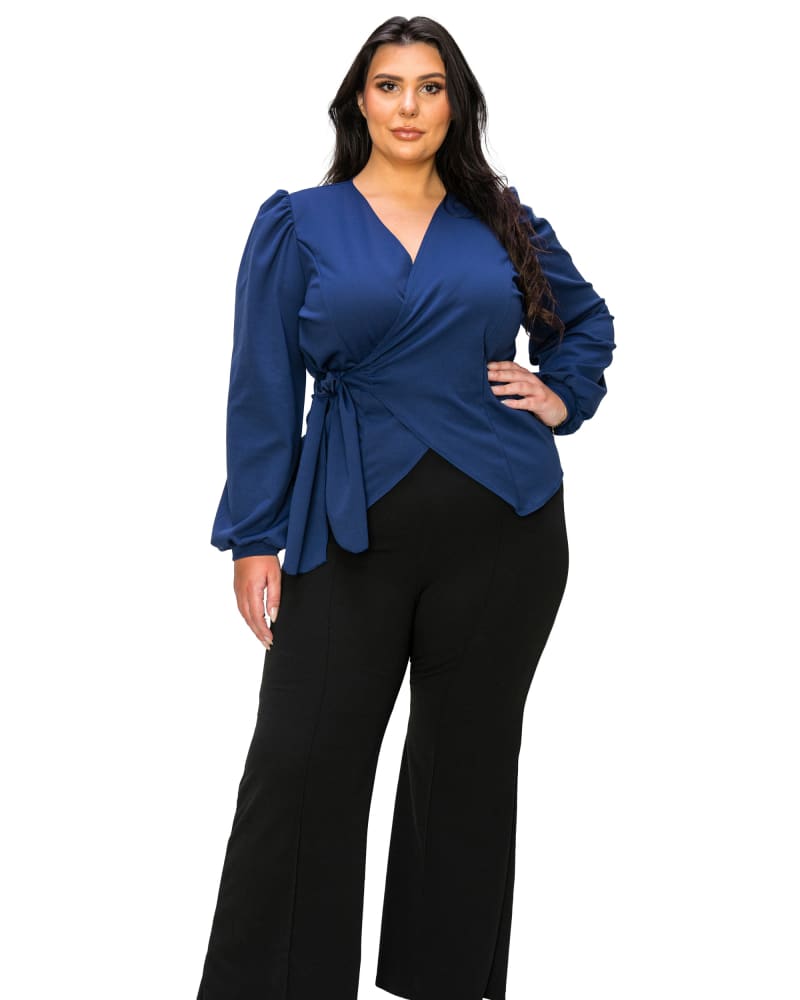 Front of a model wearing a size 3X Yelena Crepe Wrap Top in Navy by L I V D. | dia_product_style_image_id:320841